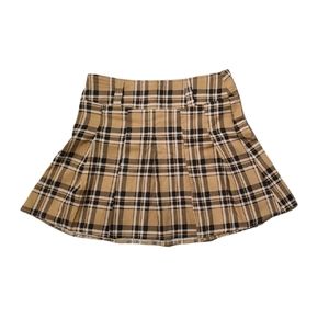 Tan and black plaid pleated skirt